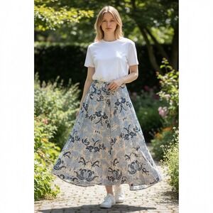 Cato Womens Blue Tan Damask Floral Pleated A-Line Midi‎ Skirt Size 6